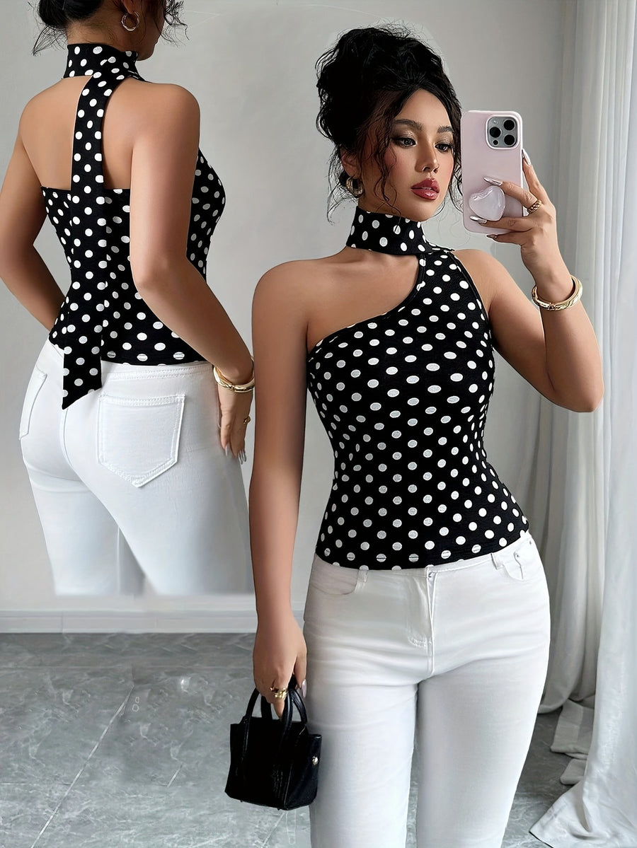 ZJ1031014 Women's Polka Dot Top with Printed Cut-Out Design, Elegant and Slim Fit - Black And White Dots