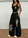 National Trend Oriental Dragon Pattern Sun And Pattern Printing, Women'S Two-Piece Set, Women'S Navel-Baring Top Vest + Elastic Waist Drawstring Casual Sports Wide-Leg Long Pants Women'S Clothing Two-Piece Set - Black+black