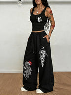 National Trend Oriental Dragon Pattern Sun And Pattern Printing, Women'S Two-Piece Set, Women'S Navel-Baring Top Vest + Elastic Waist Drawstring Casual Sports Wide-Leg Long Pants Women'S Clothing Two-Piece Set - Black+black