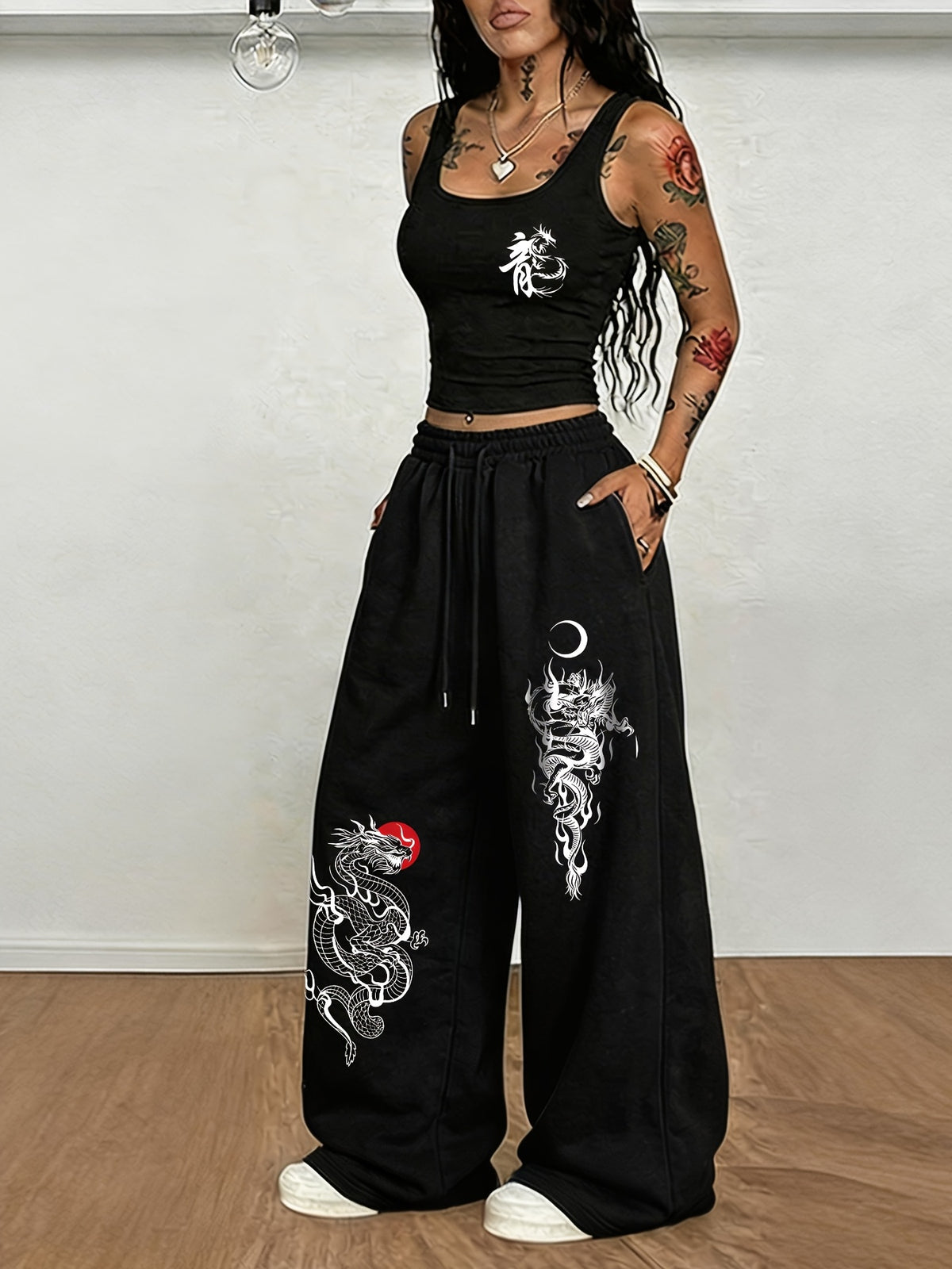 National Trend Oriental Dragon Pattern Sun And Pattern Printing, Women'S Two-Piece Set, Women'S Navel-Baring Top Vest + Elastic Waist Drawstring Casual Sports Wide-Leg Long Pants Women'S Clothing Two-Piece Set - Black+black