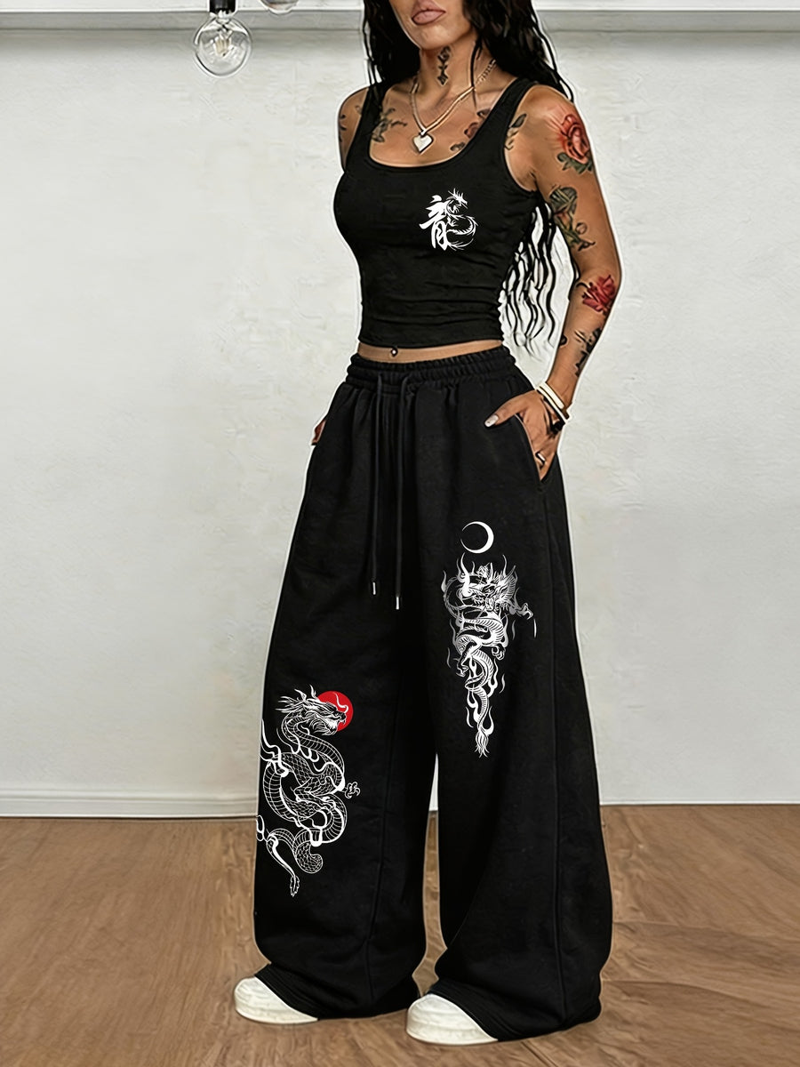 National Trend Oriental Dragon Pattern Sun And Pattern Printing, Women'S Two-Piece Set, Women'S Navel-Baring Top Vest + Elastic Waist Drawstring Casual Sports Wide-Leg Long Pants Women'S Clothing Two-Piece Set - Black+black
