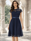 Elegant Women's Lace Patchwork Dress with Lace Stand-Up Collar, Ruffle Sleeves, and Waist-Cinching Design, Featuring a Chiffon Hem, Suitable for Commuting, Parties, Weddings, and Evening Events - Navy Color