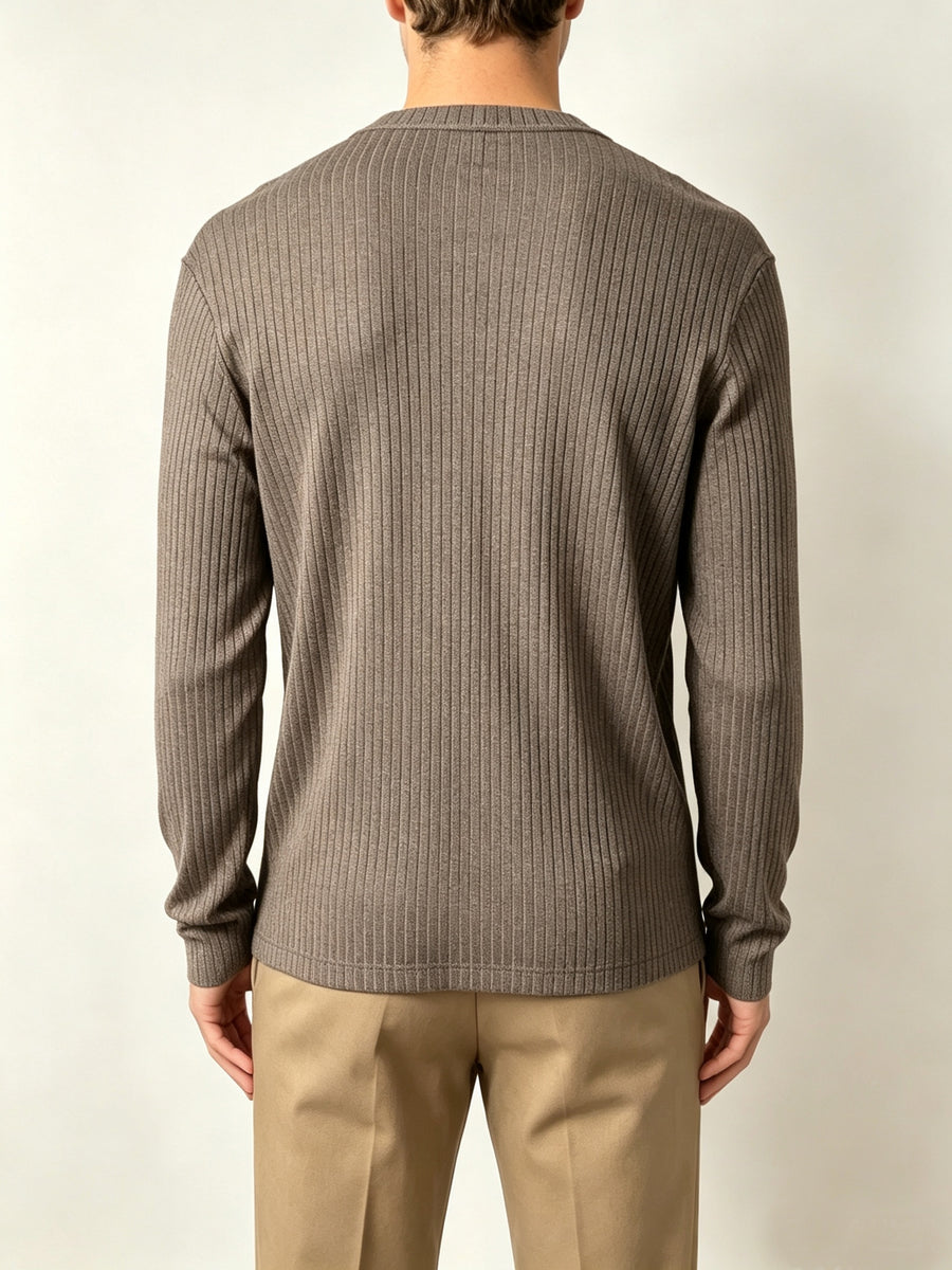Men'S Black Vertical Ribbed V-Neck Long Sleeve T-Shirt, Easy Loose Drapey Solid Base Layer Commuter Casual Top - Gray Brown