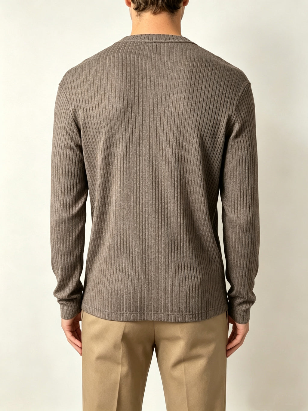 Men'S Black Vertical Ribbed V-Neck Long Sleeve T-Shirt, Easy Loose Drapey Solid Base Layer Commuter Casual Top - Gray Brown
