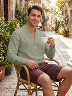Men'S Pure Casual Long Sleeve Henley Shirt Linen Texture Old Money Style Solid Color Button-Up Top Spring Fall Moisture-Wicking Breathable Comfortable Long Sleeve T-Shirt - Military Green