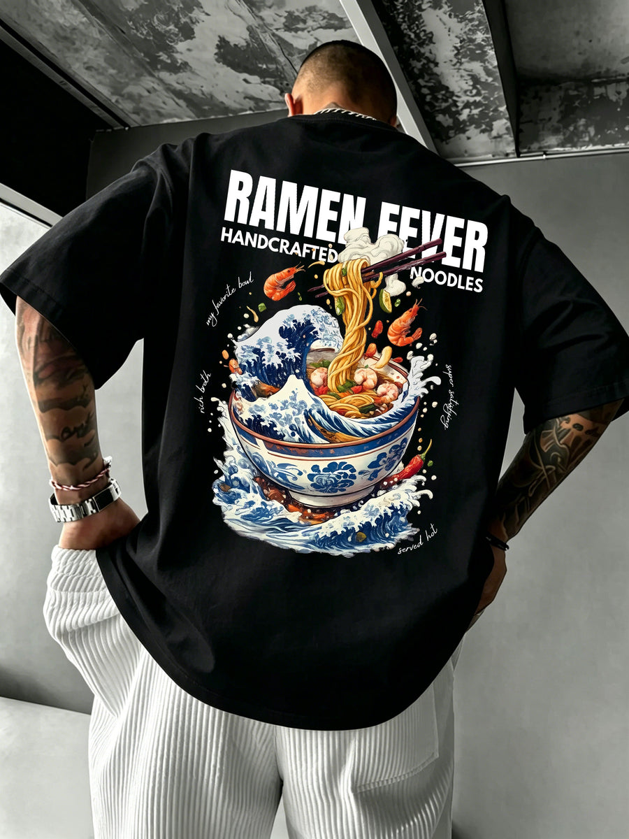 Men's 100% Pure Cotton T-Shirt, Ramen Wave Print, Comfortable, Soft, and Breathable, for Spring/Summer Casual Daily Wear - Black