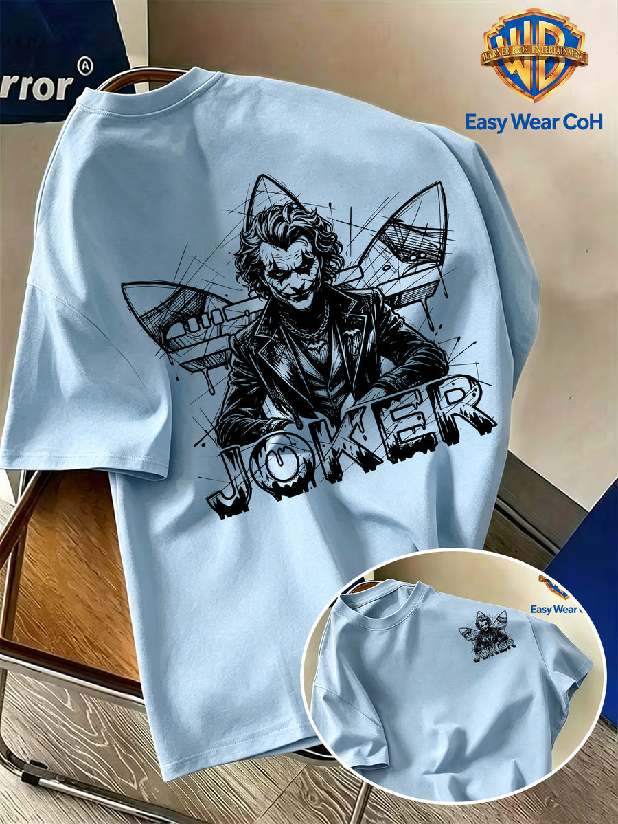 Warner Bros. Official New Academic Style Men's Short-Sleeve T-Shirt, Featuring a Unique Dark Graffiti Clown Design with "JOKER" Text, a Creative and Niche Print That's Hard to Replicate. Made from Comfortable, Breathable, and Skin-friendly Fabric - Light Blue
