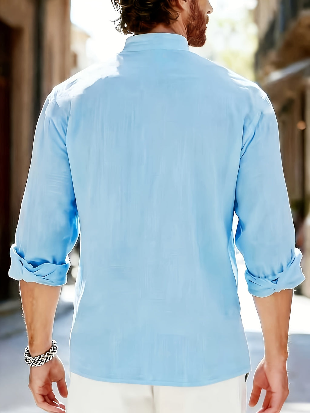 Men'S Fashion Polo Neck Linen Breathable Comfortable Casual All-Season Long Sleeve Shirt, Spring And Summer, Regular Fit, Polo Collar, Daily, Button - Sky Blue