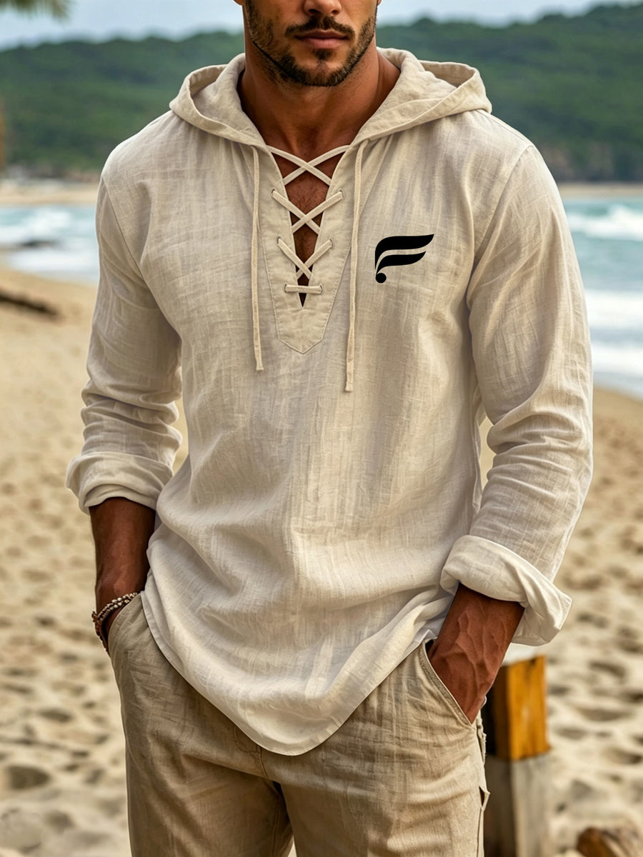 Men's Linen Hooded Top with a Refreshing and Minimalist Vibe. The Garment Features a Simple Streamlined F-symbol Geometric Creative Print, and the Cross-tie V-neck Showcases Design Ingenuity. The Hooded Long-sleeve Style Creates a Relaxed and Natural - Apricot