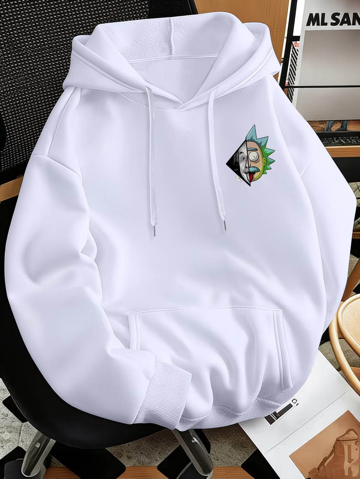 Warner Bros Official Men's Fashion Sweatshirt, Rick's Classic Catchphrase Collage Einstein Polaroid Print Design, Men's Fashion Hoodie Loose Fit with Adjustable Drawstring, -Lined Sweatshirt for Comfortable Fall/Winter Wear, Outdoor Sports Casual - White