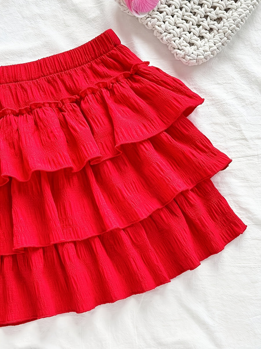 Casual Solid Color Ruffled Short Skirt, Holiday Layered Ruffled Short Skirt, Summer Short Skirt, Yellow Ruffled Short Skirt ZD1127248 - Red