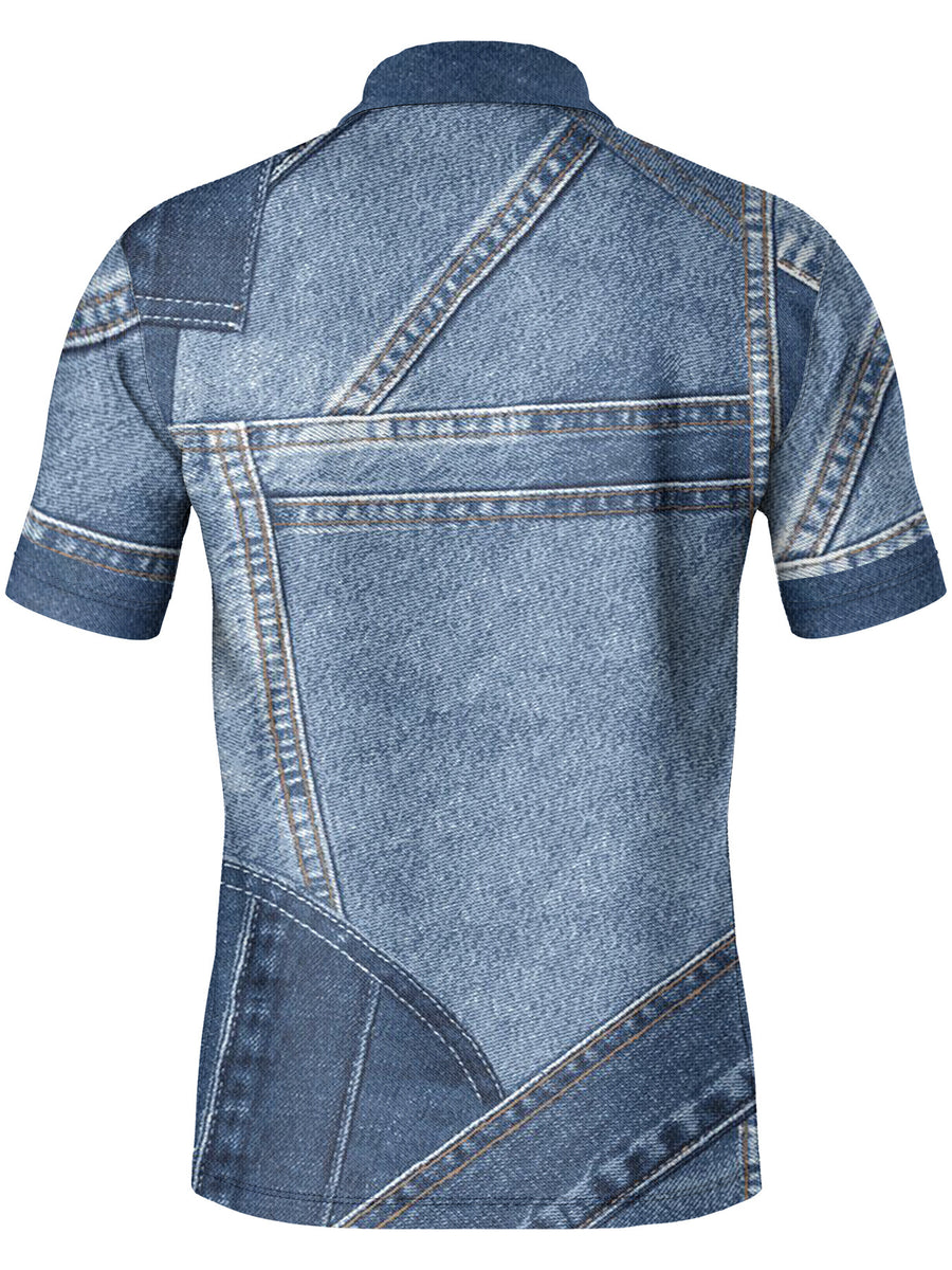 Men's Short-Sleeve Polo Shirt - Blue Jeans Stacked Texture Detail, Stylish and Minimalist Short-Sleeve Polo with Buttons, Casual Lapel Collar, Fashionable and Versatile, Suitable for Dates, Beach Vacations, the Perfect Gift for Men - QPL15-1