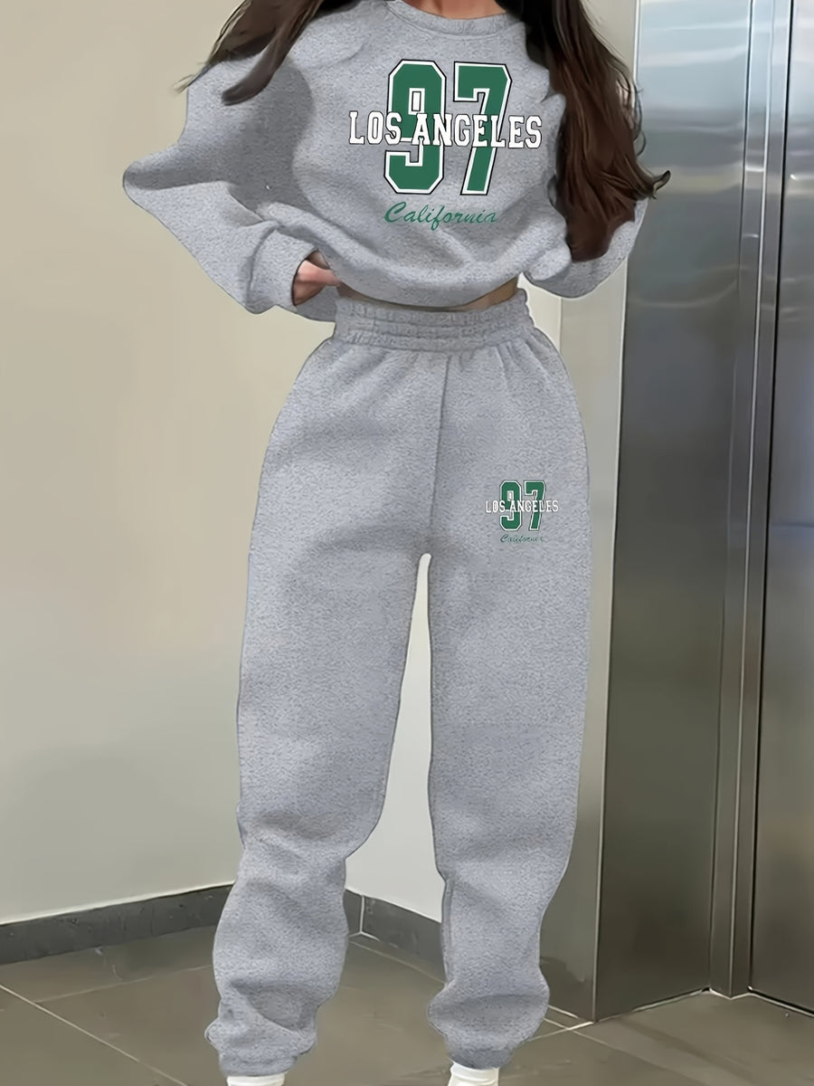 4444L81 European And American Women'S Round Neck Fleece Sweatshirt Women'S Two-Piece Round Neck Casual Printed Sweatshirt Suit Women'S Pants Suit - Light Grey