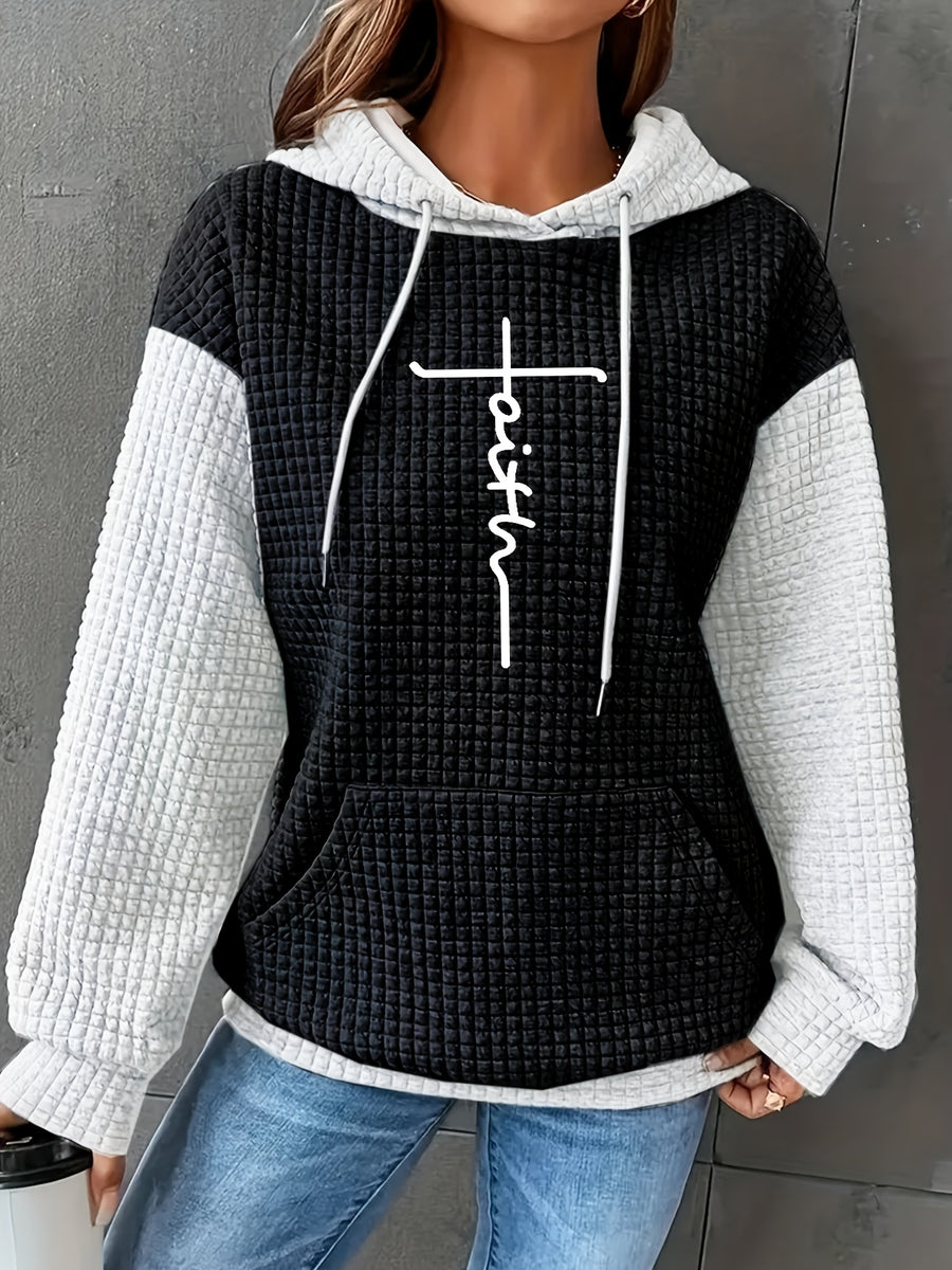 Women's Casual Oversized Hoodie with Checkered Texture & Letter Print, Kangaroo Pocket, Long Sleeve Loose Fit Sweatshirt for Fall Winter, Machine Washable, Fall Fashion, Relaxed Style, Comfortable Texture, Print Sweatshirt, Cozy Wear - Coal Black