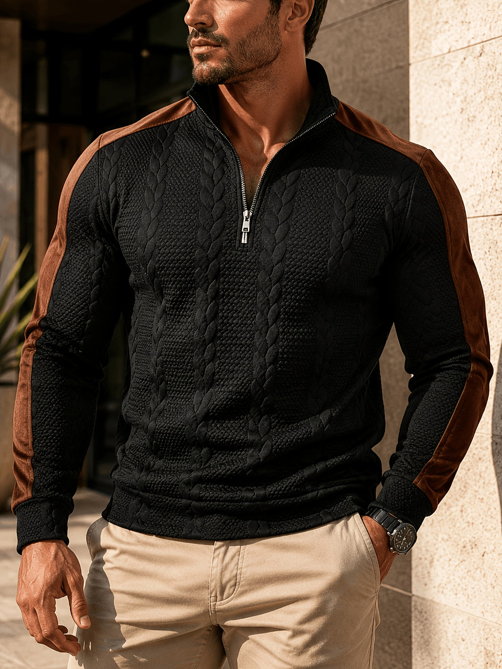 Men'S Vintage Preppy Cable-Knit Textured Half-Zip Collared Long Sleeve Pullover, Contrast Brown Shoulder And Sleeve Panels with Colorblock Hem, for Daily Commuting, Urban Casual Wear, Fall And - Black