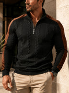 Men'S Vintage Preppy Cable-Knit Textured Half-Zip Collared Long Sleeve Pullover, Contrast Brown Shoulder And Sleeve Panels with Colorblock Hem, for Daily Commuting, Urban Casual Wear, Fall And - Black