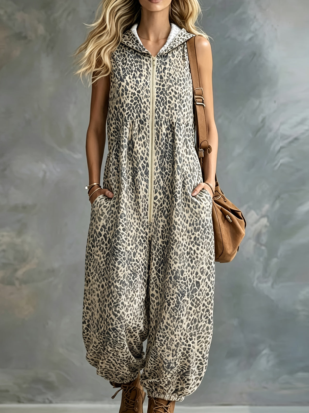 Summer Women'S Fashion Commuter City Leopard Print Printed Jumpsuit, Loose Wide-Leg Trousers, Front Center Zipper Decoration, Women'S Coverall with Hat - Mixed colors