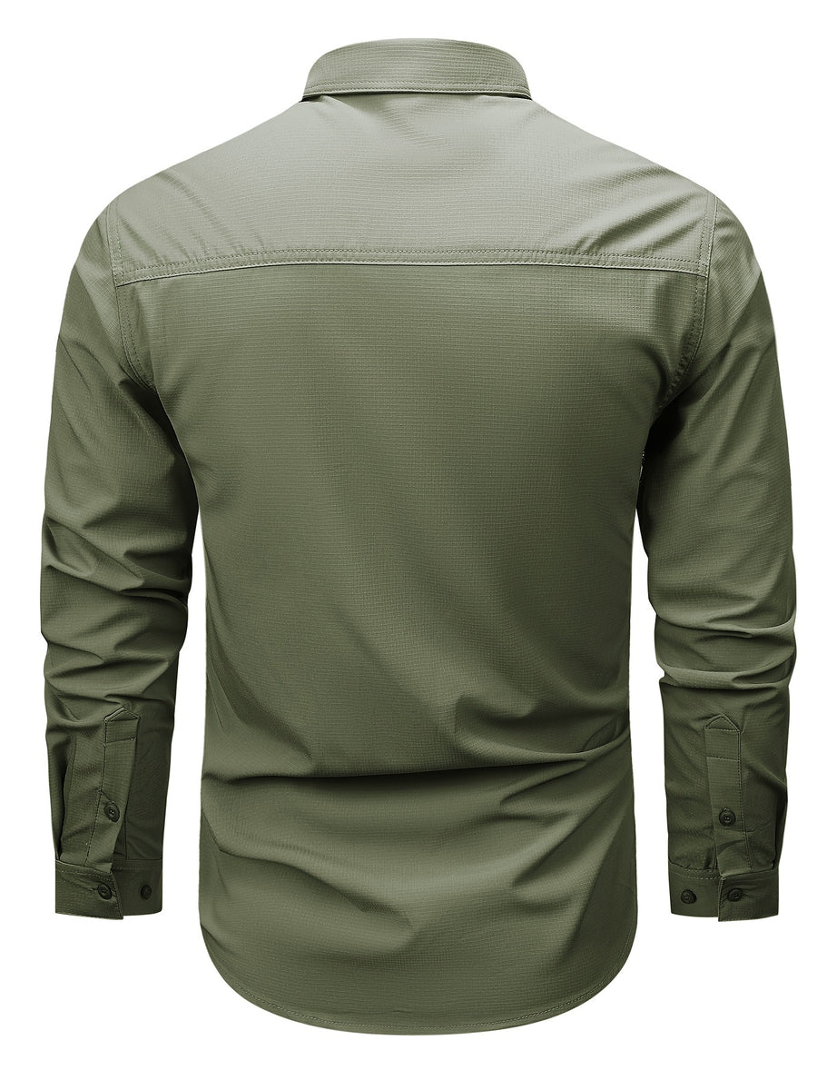 Outdoor Multi-pocket Functional Combat Quick-drying Shirt Casual Quick-drying Sports Shirt Thin Style with Four Chest Pockets and Armpit Ventilation Holes, Hunting - fern green