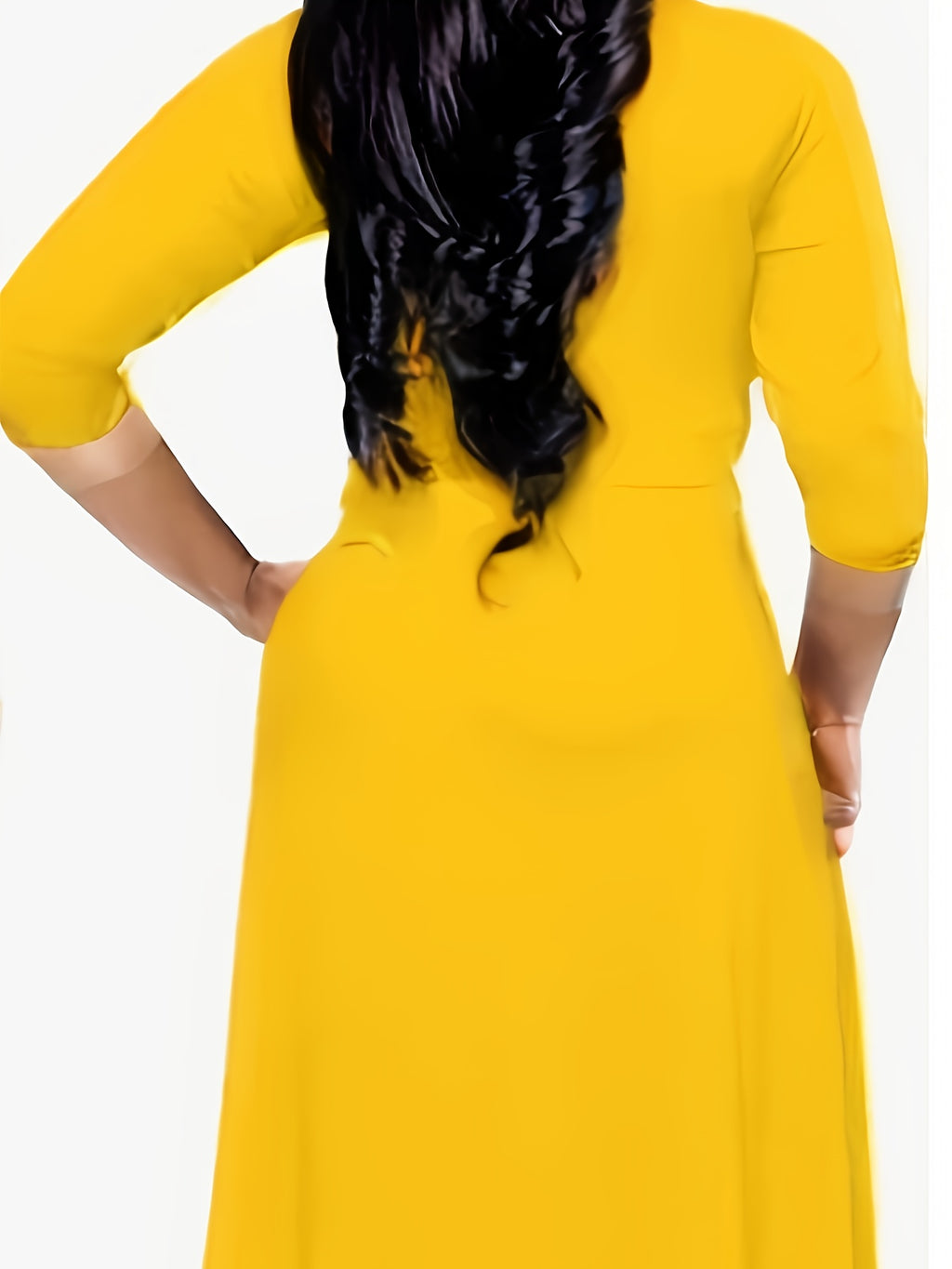 Western Fashion Solid Color V-Neck Women'S Dress Elegant Long Dress with Belt - Yellow