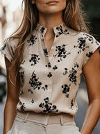 Women'S Elegant Fashion Floral Print V-Neck Commuter Shirt - Apricot