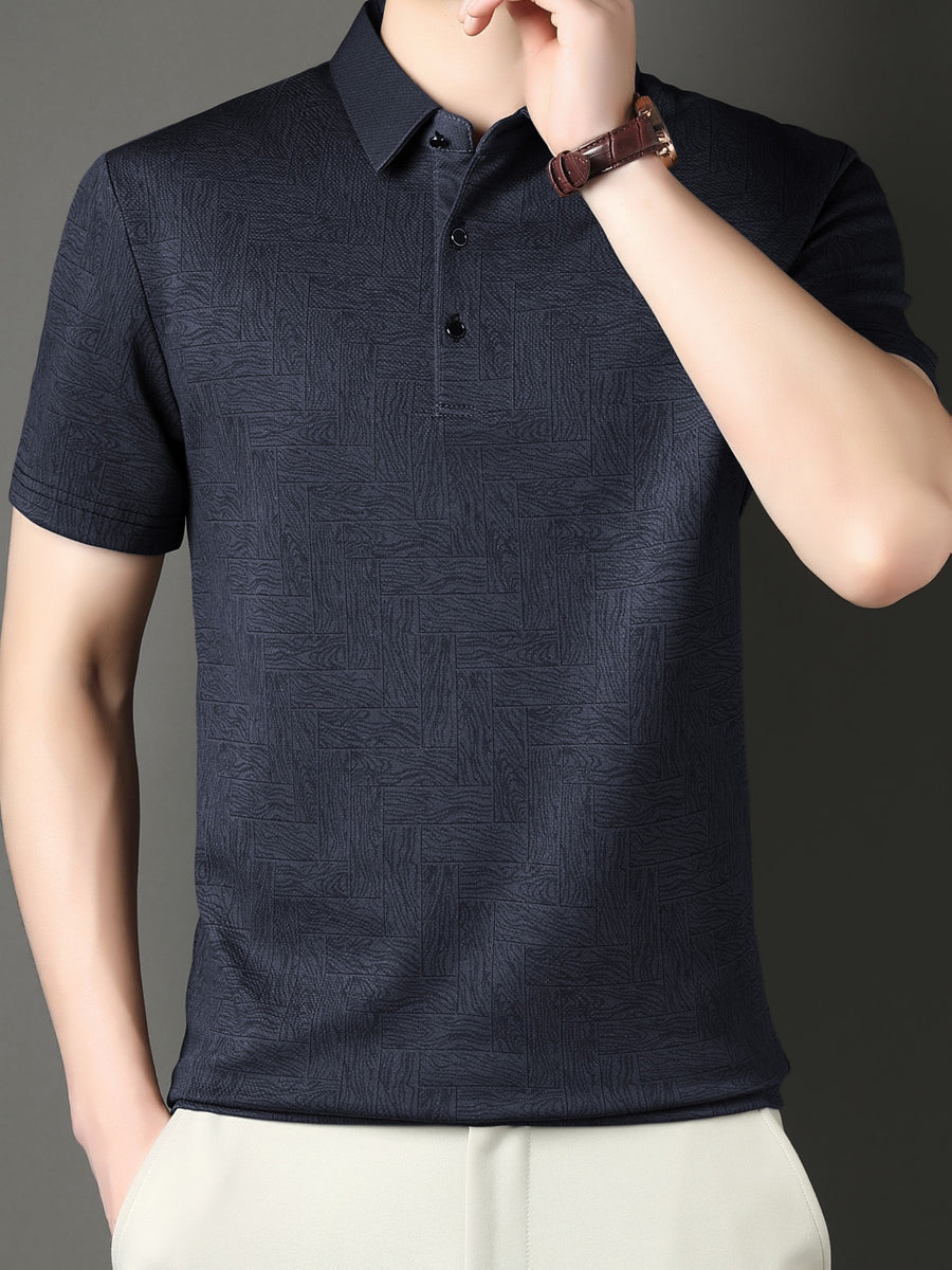 New Summer Men's Geometric Mahjong Tile Short-Sleeve Shirt, Men's Business Casual Fashion Lapel Pullover Executive Top - Navy Color