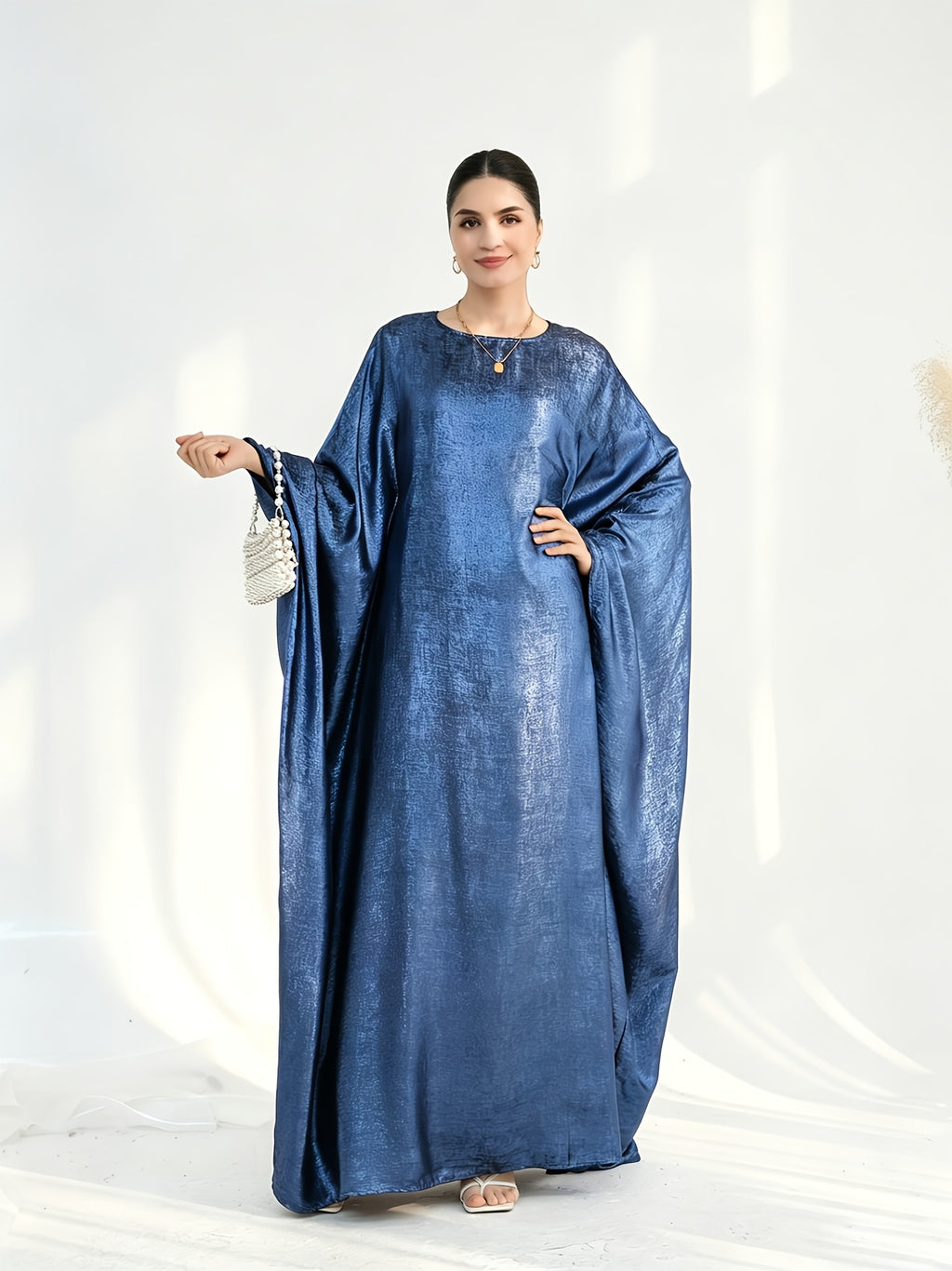 1pc Fashion Satin Bright Elegant Vacation Comfortable Loose Long Sleeve Solid Color Simple Breathable Casual Women's Abaya Dress, Abayas for Women, Muslim Khimar Robe, Chic Femme Robe, Elegant Women's Abaya, Muslim Women's Clothing - Royal Blue