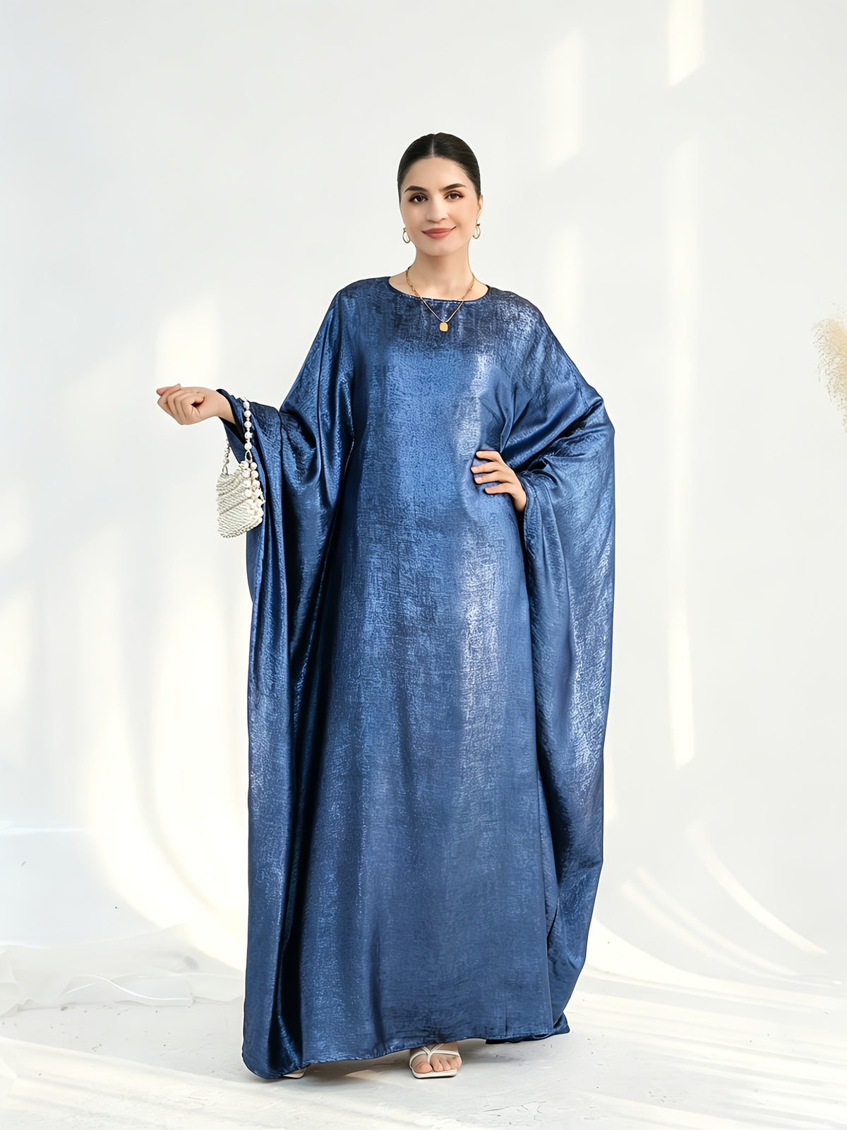 1pc Fashion Satin Bright Elegant Vacation Comfortable Loose Long Sleeve Solid Color Simple Breathable Casual Women's Abaya Dress, Abayas for Women, Muslim Khimar Robe, Chic Femme Robe, Elegant Women's Abaya, Muslim Women's Clothing - Royal Blue