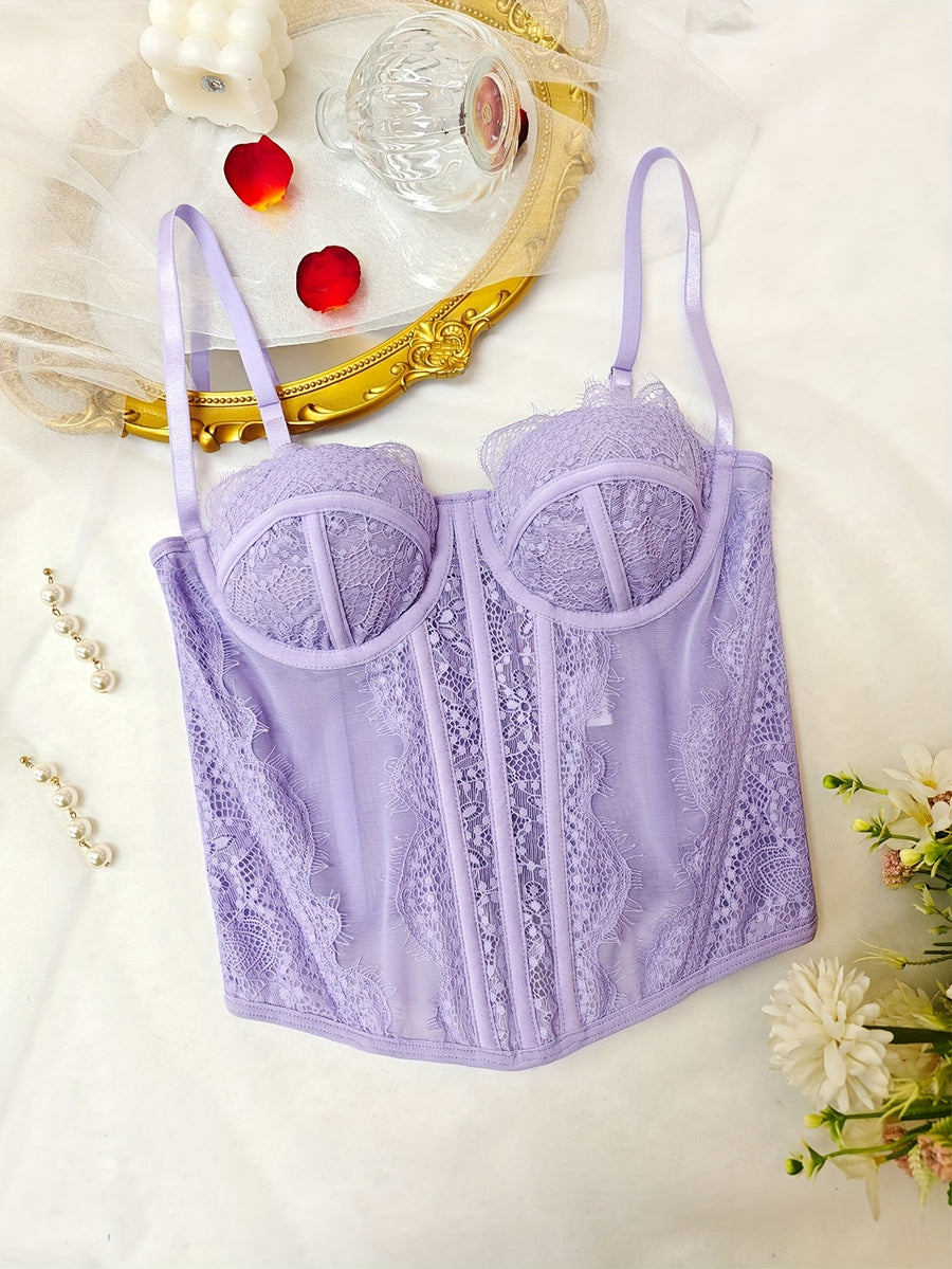 Sexy Lace Fitted Vest Top - Bodycon Cut, V-Neck, Sleeveless, Solid Color, with Exquisite Lace Detail, Suitable for Fashion Style, Lace Top - Light Purple