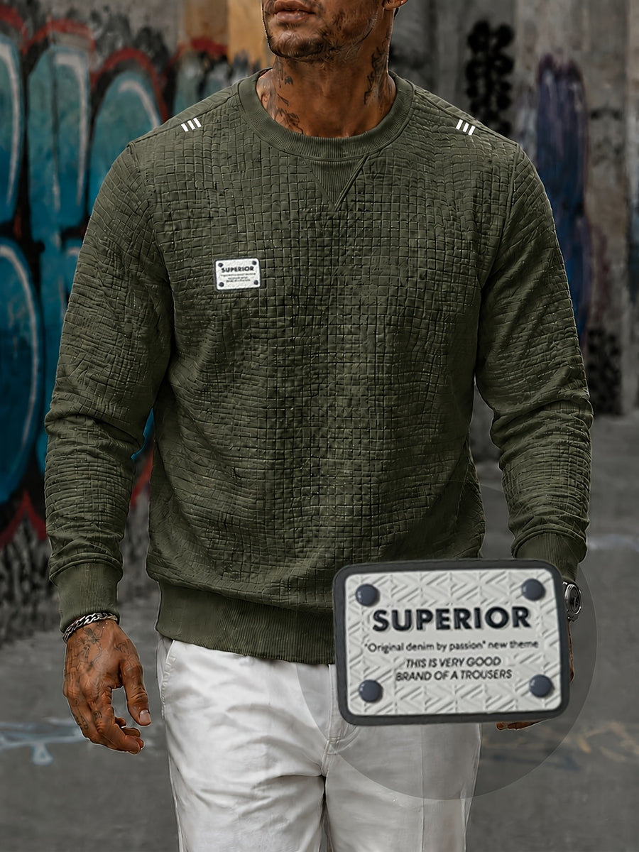 Men'S Textured Waffle Knit Sweatshirt Long Sleeve Crew Neck Pullover Lightweight Breathable Athletic Casual Top Soft Stretch Thermal Shirt Fit Sports Training Running Gym Workout Golf Outdoor Travel Everyday Wear Fashion Streetwear Basic Sweater - Military Green