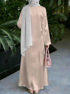 New Middle Eastern Style Muslim Elegant Robe, Gentle Nude Base with Large Light Brown Vintage Ethnic Digital Print on the Chest, Women's Muslim Robe, Non-Embroidered, Delicate Low-Saturation Color Palette, Long Sleeves, Straight Cut with Wide Hem - Mixed colors