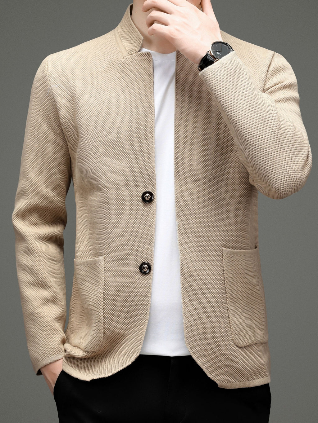Men's 500g Heavyweight Knit Cardigan, Fashionable, Simple, and Elegant - Khaki