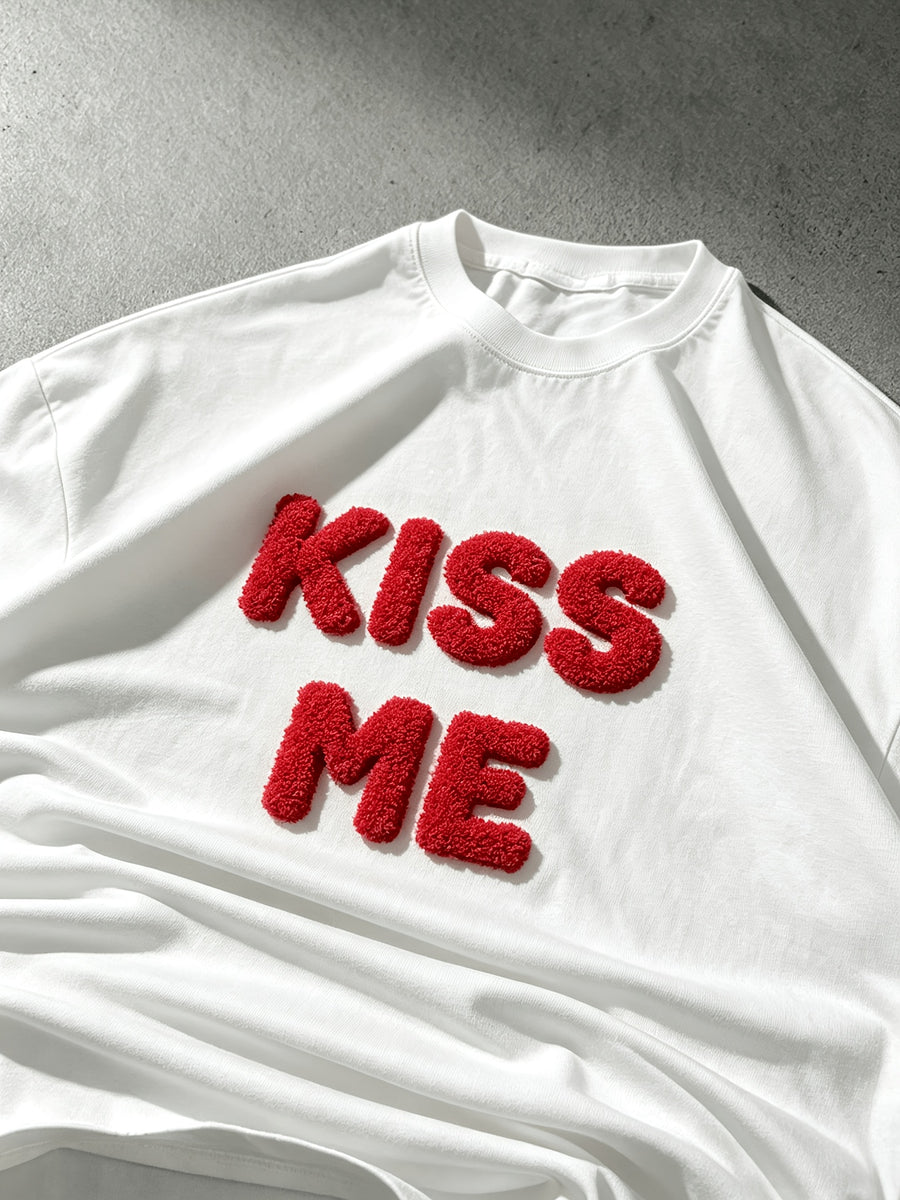 2026 Men'S Spring/Summer Letter Pattern Terry Cloth Embroidery Loose Crew Neck Short Sleeve T-Shirt, Casual Hip Hop Street Style, Unisex Loose Top, Multiple Colors Available, Couple Style - White-YB005
