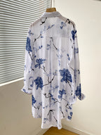 New Arrival, Beautiful Printed Long-Sleeve Shirt, Loose and Casual, Buttoned Cuffed Mid-Length Blouse, Women's Cardigan Shirt, Stylish and Designer-Inspired - Navy Color