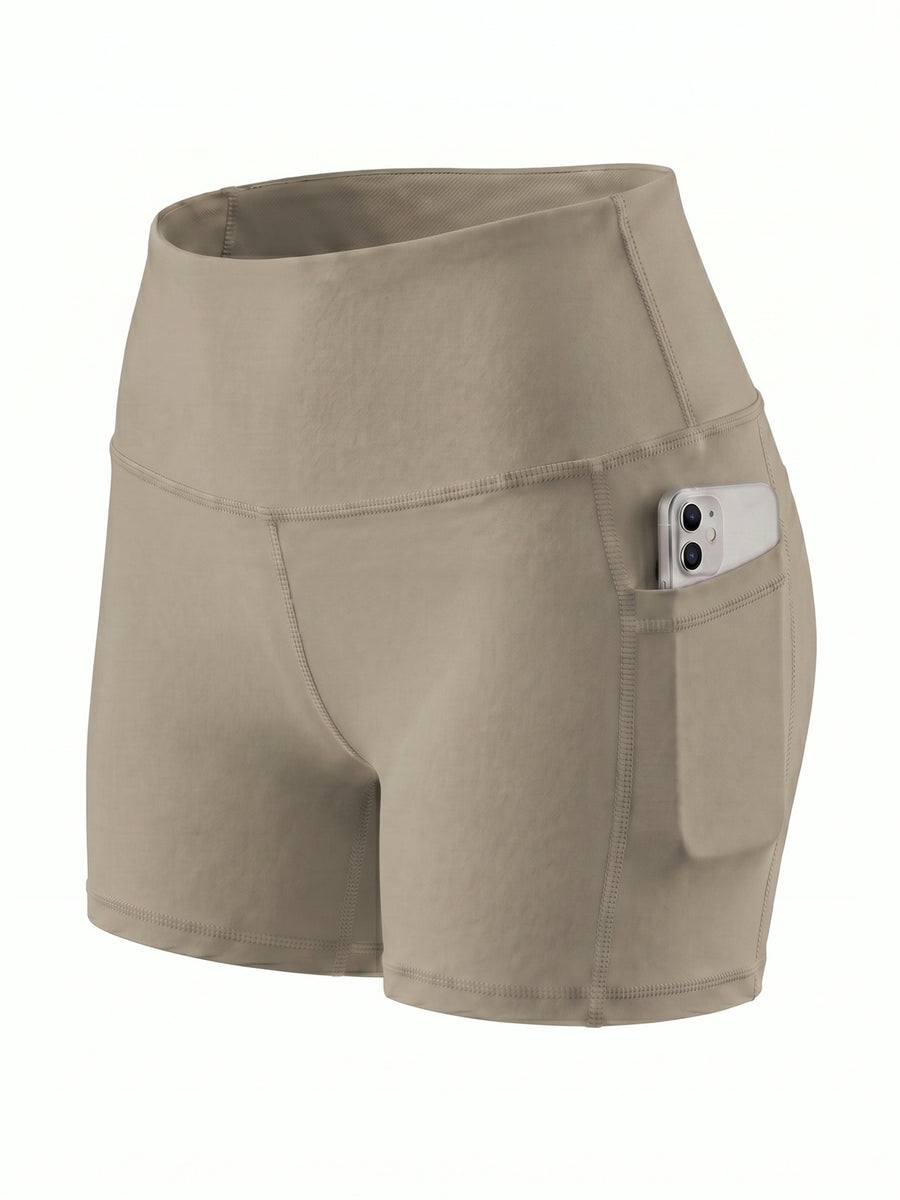 Summer Fashion Women's High-Waist 3-Inch Shorts with Pockets, Moisture-Wicking Summer Style - Anti-See-Through, Tummy Control, Non-Slip Waistband - Light Beige
