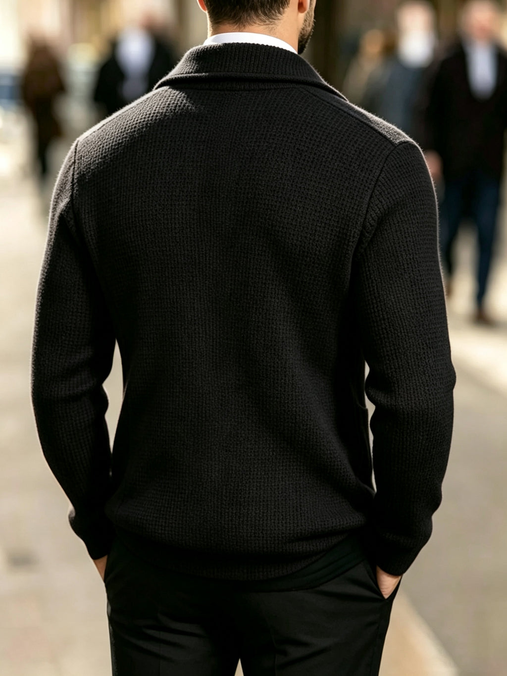 Men's Waffle Knit Cardigan Jacket - Soft Relaxed-Fit Lapel Coat with Double Suitable for Business Casual, Blazer for Daily Commuting, Travel & Gifts, Machine Washable Winter Coat (Father's Day Gift for, Boyfriend) - Black