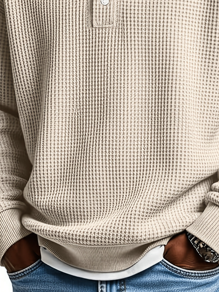 Men'S Waffle Checkered Color-Block Long Sleeve Collared Sweatshirt, Solid Color Patchwork Pullover, Traditional Casual Design with Outdoor Layering Long Sleeve, Suitable for Various Activities - Khaki