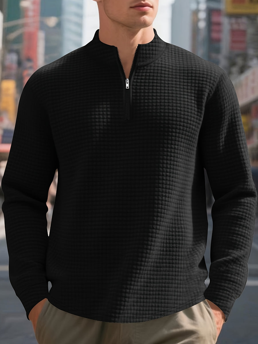 Men'S Four-Season Minimalist Casual Loose Jacquard Stand Collar Half-Zip Base Sweatshirt - Black