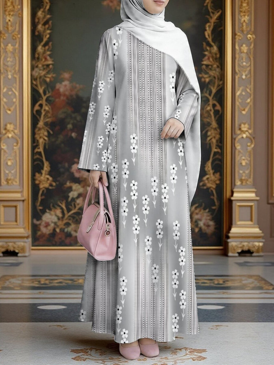Women's Middle Eastern Style Muslim Elegant Robe, Light Gray Vertical Stripe with Small All-Over Floral Print Dress, Loose Fit Long Sleeve Flattering Cut, for Home, Outings, and Prayer Wear, Lightweight and Smooth Non-Embroidered Fabric - Mixed colors