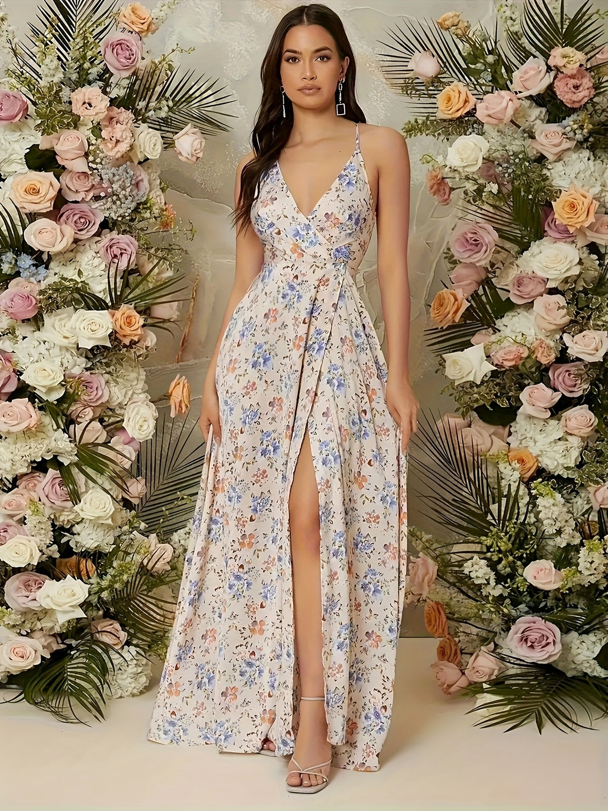 Women's Elegant V-Neck Floral Print Slit Maxi Dress Casual Vacation Off-Shoulder Long Dress - Multicolor