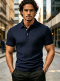 Men's Minimalist Lightly Mature Lapel Polo Shirt with Three-Dimensional Texture, Skin-Friendly, Quick-Drying, Solid Color, for Summer Dates and Banquets, Matching Men's Apparel - Blue