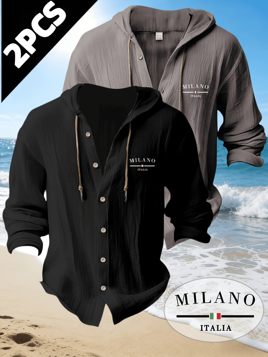 Zhiyu OBM 2pcs Men's Fashion Casual Beach Style Hooded Long Sleeve Open Front Cardigan | High-End Skin-Friendly Soft Shirt | 100% | Essential Golf Beach Polo Outfit | Breathable and Lightweight | for Indoor Gatherings and Outdoor Sports | Wardrobe - Grey+Black