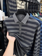 Minimalist Urban Striped Long-Sleeve Polo Shirt for Portable Daily Commuting - Grey