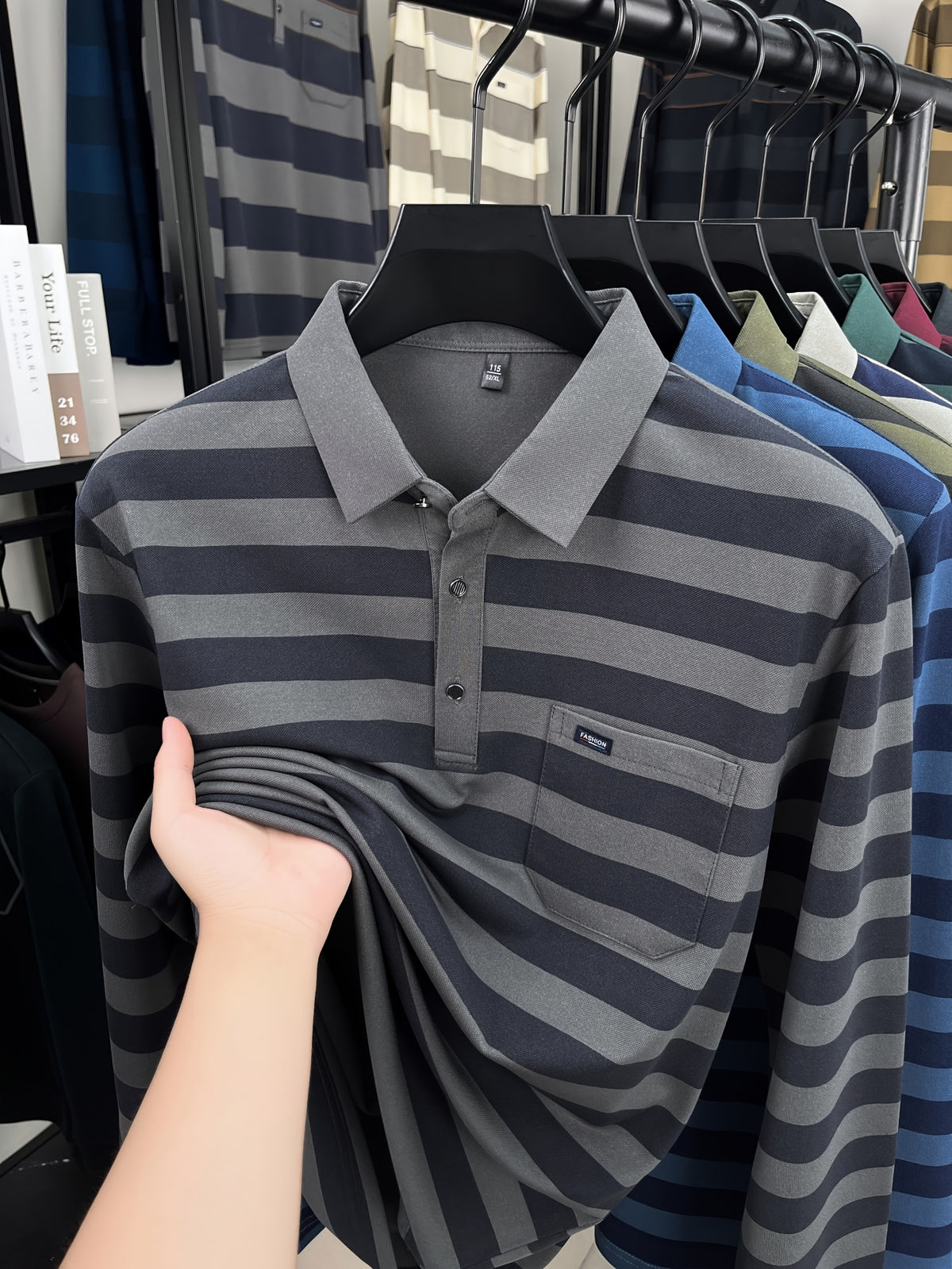 Minimalist Urban Striped Long-Sleeve Polo Shirt for Portable Daily Commuting - Grey