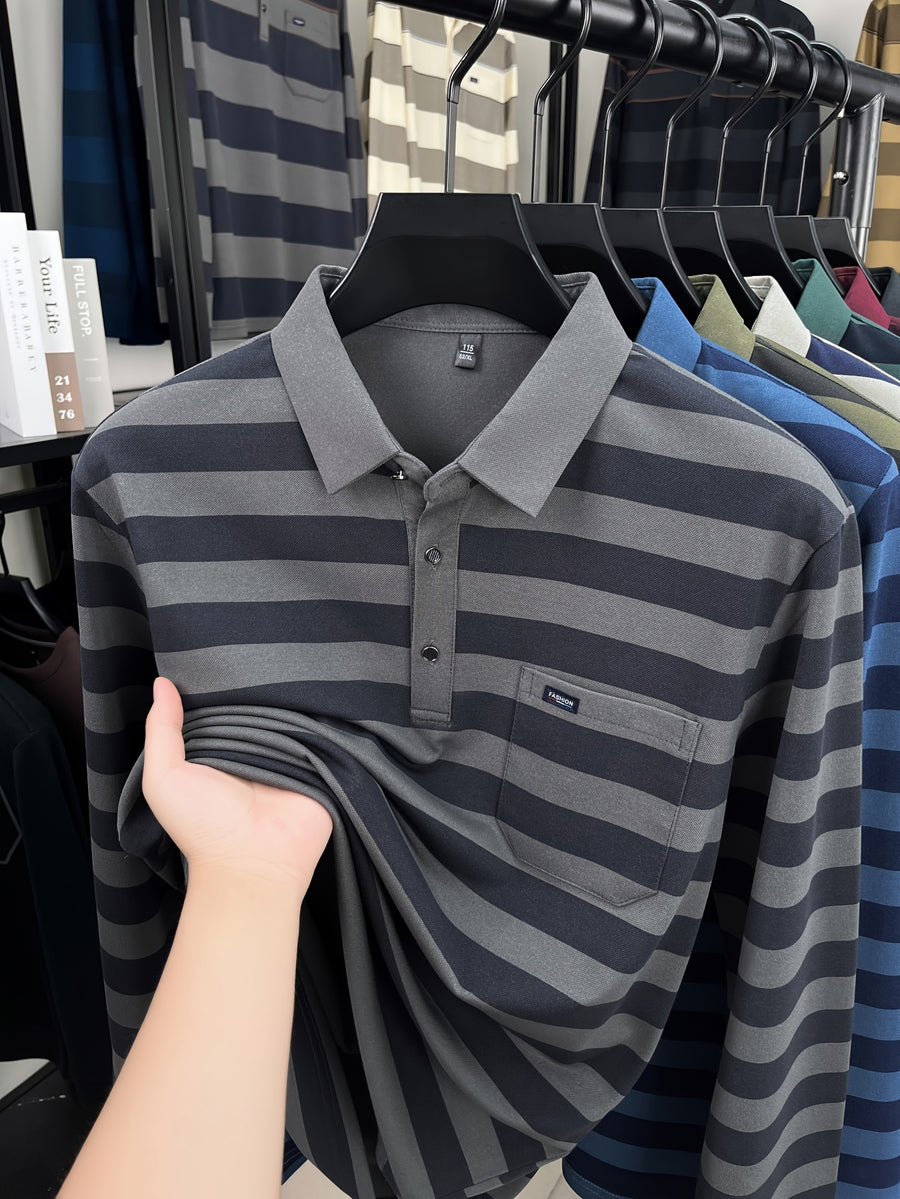 Minimalist Urban Striped Long-Sleeve Polo Shirt for Portable Daily Commuting - Grey