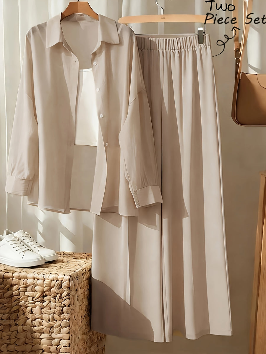 AK260514094 Women's Fashion Commuter Lapel Button- Long Sleeve Shirt and Elastic Waistband Patch Pocket Wide-Leg Long Pants 2pcs Set - Khaki