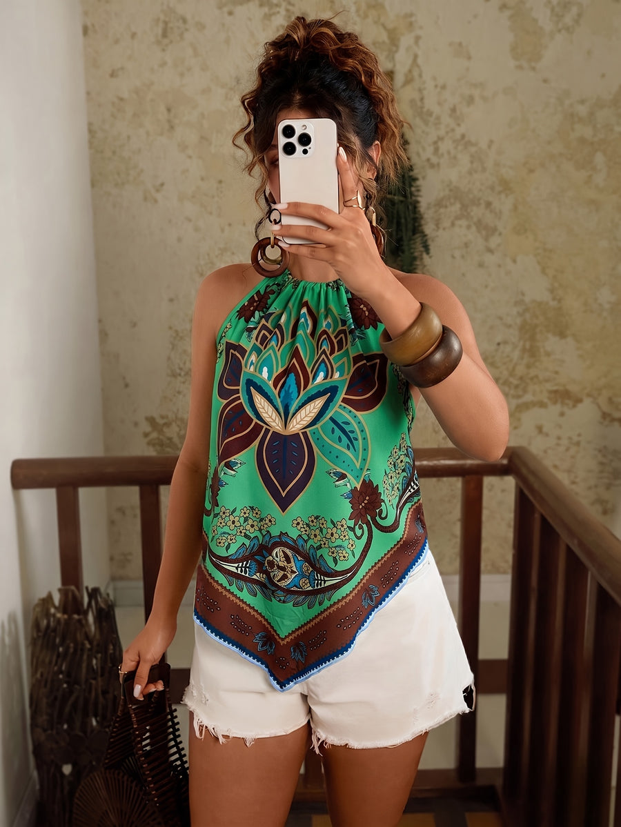 Bohemian Floral Print Halter Neck Vest, Vacation Style Irregular Hem Sleeveless Top, Ethnic Style Camisole ASD1 - Green