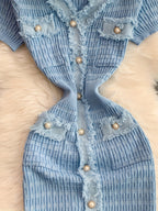 V-neck Metallic Single-button Solid Color Fashionable Fringe Trim Body-hugging Slit Mermaid Dress LL256 - Blue
