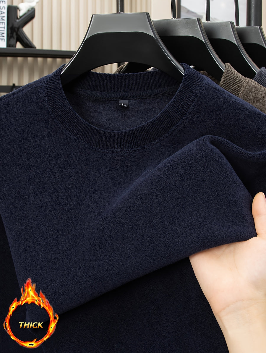 Autumn/Winter Men's -Lined Thickened Warm Base Layer Shirt, Crew Neck Long Sleeve T-Shirt, Solid Color Stretchy Inner Layer Casual Sweatshirt Top - Shangqing