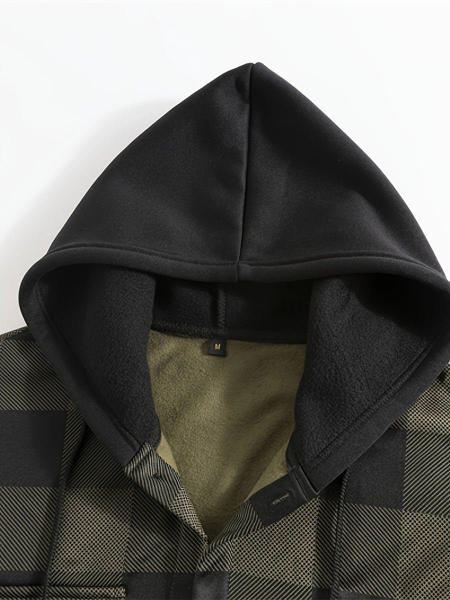 Men's Vintage Plaid Jacket, Men's Casual -Lined Shirt Jacket, Single-Breasted with Hood, Long Sleeve Outerwear, Men's Top, New Spring/Autumn Men's Outerwear - Tactical Green