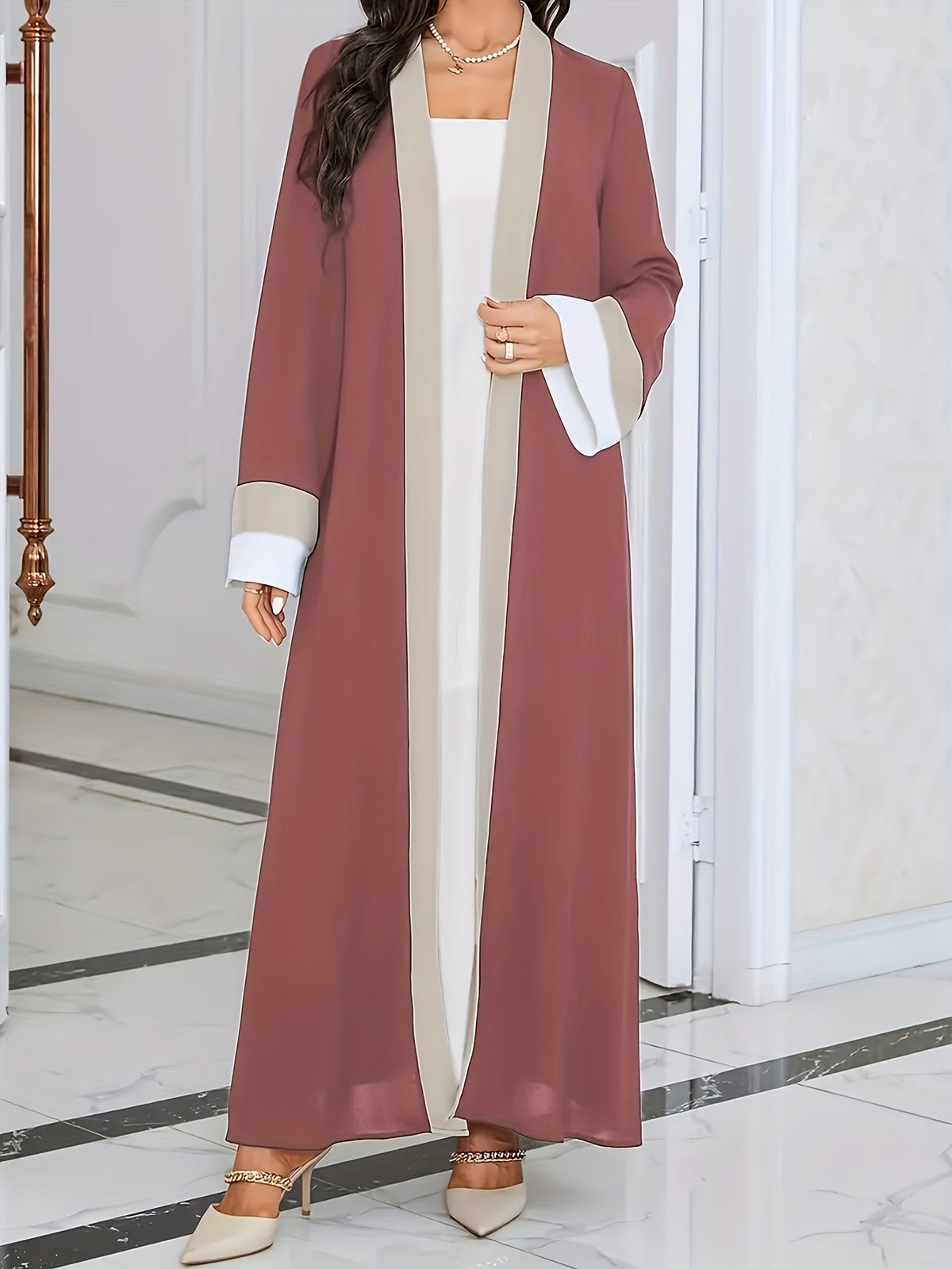 Ramadan Open-Front Long-Sleeved Long Dress, Elegant Color-Block Slim-Fit Super Long Dress, Women'S Clothing - The color of rouge